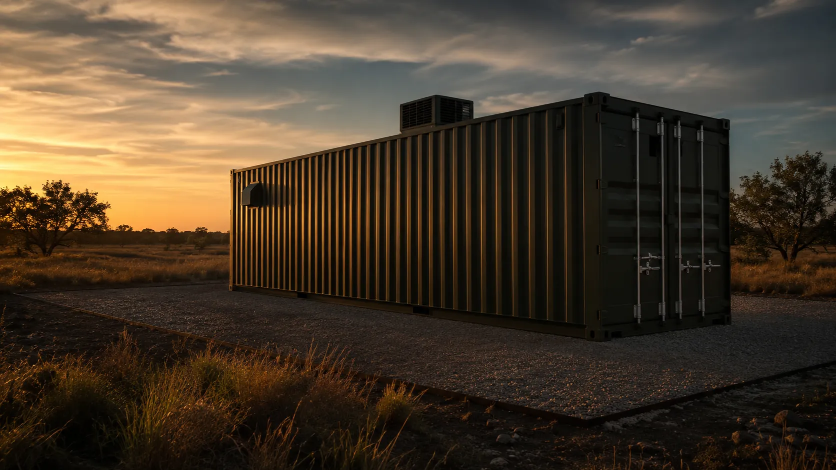 A forest-green shipping container converted into a quail production unit on a gravel pad at a Texas ranch at golden hour.
