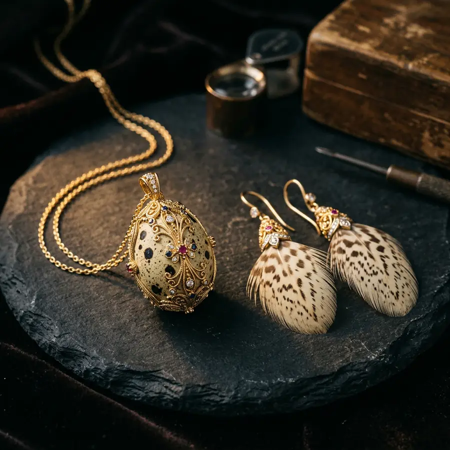 A Faberge-style decorated quail-egg pendant necklace with gold filigree and quail-feather earrings.