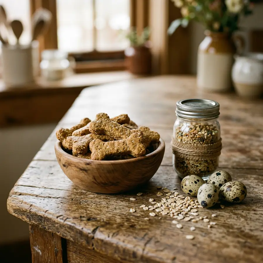 Bone-shaped quail-egg dog biscuits and a jar of pet-food topper on a farm table.