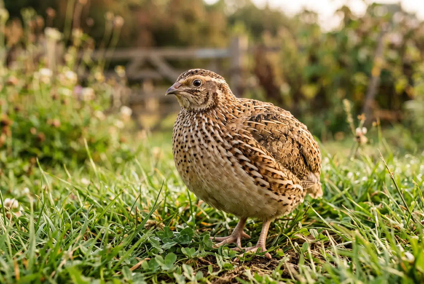 A plump speckled Coturnix quail standing in soft green grass.