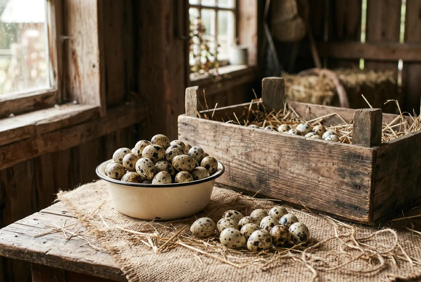 An enamel bowl of fresh speckled quail eggs beside a wooden crate of straw in a rustic barn.